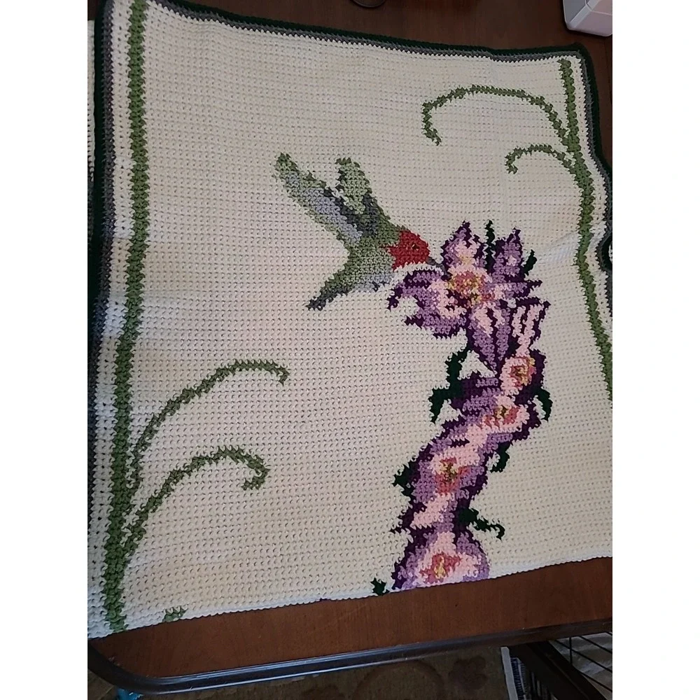Hand Knit Flowers And Hummingbirds Couch/Table Runnner 28 X 58 Purple Pink Green